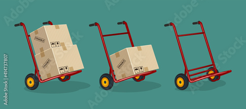 set of red trolleys with carton boxes on a flat background, abstract design, vector illustration delivery service concept hand truck with parcel carton
