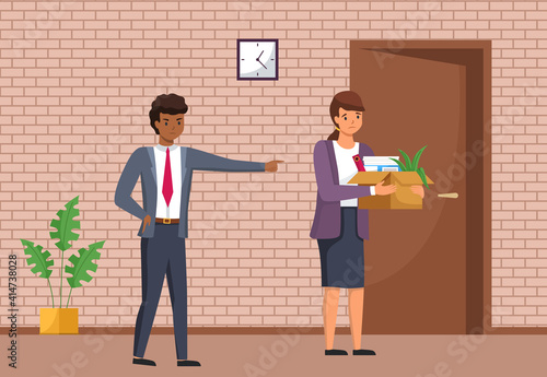 Boss fires a subordinate. Angry businessman pointing on the dismissed woman manager at their office. Crisis, conflict, jobless and employee job reduction concept. Girl goes with things in a box