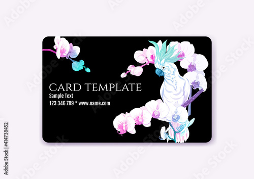 Plastic debit or credit, pass, discount, membership card template with tropical plants and birds in neon color on black background. Vector illustration.