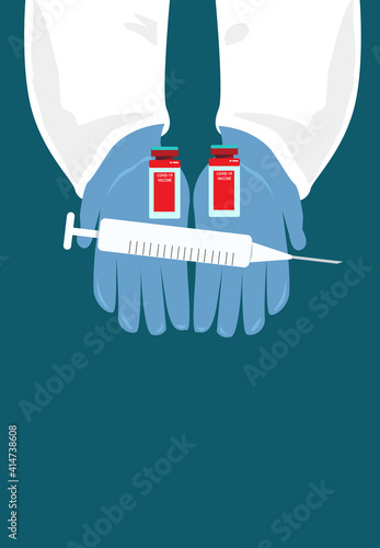 A hand of a scientist or medical practitioner with medicine, blood or vaccine concept. Editable Clip Art.
