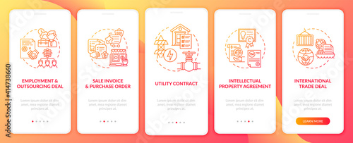 Common commercial contracts types onboarding mobile app page screen with concepts. Utility contract walkthrough 5 steps graphic instructions. UI vector template with RGB color illustrations