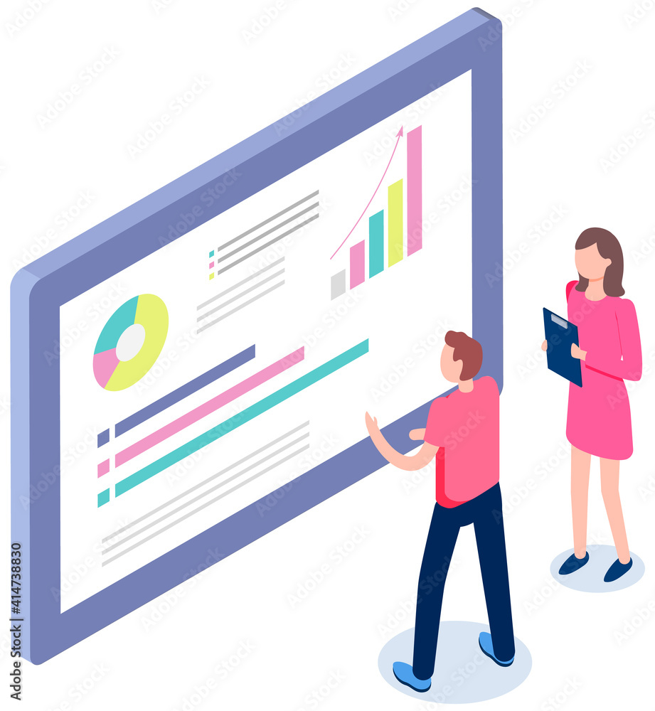 People study chart growth. Data analysis on banner. Cartoon characters ...