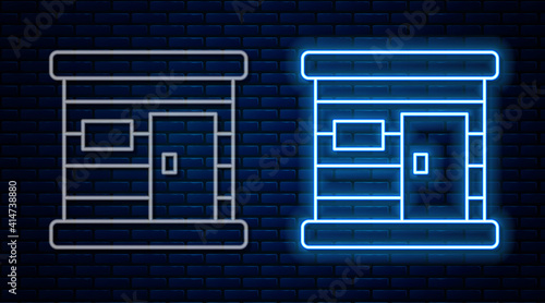 Glowing neon line Sauna wooden bathhouse icon isolated on brick wall background. Heat spa relaxation therapy bath and hot steam healthcare, relax therapy. Vector.