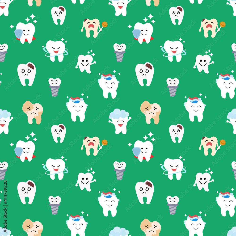 Seamless pattern with cute teeth on blue background - for kid dental design. Flat style. Vector illustration. Seamless pattern with cute teeth on blue background - for kid dental design. Flat style. Vector illustration.