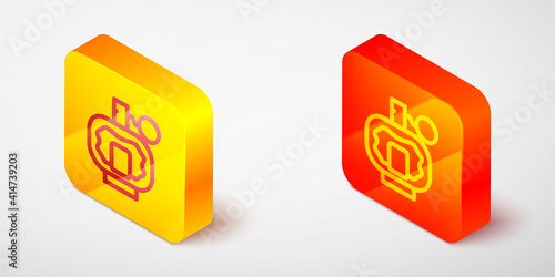 Isometric line Aftershave icon isolated on grey background. Cologne spray icon. Male perfume bottle. Yellow and orange square button. Vector.