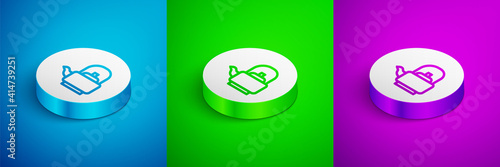 Isometric line Kettle with handle icon isolated on blue,green and purple background. Teapot icon. White circle button. Vector.