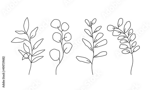 Leaves Set One Line Drawing. Continuous Line of Simple Leaves on White Background. Abstract Contemporary Botanical Drawing for Minimalist Covers, t-Shirt Print, Postcard, Banner etc. Vector EPS 10. © Наталья Дьячкова