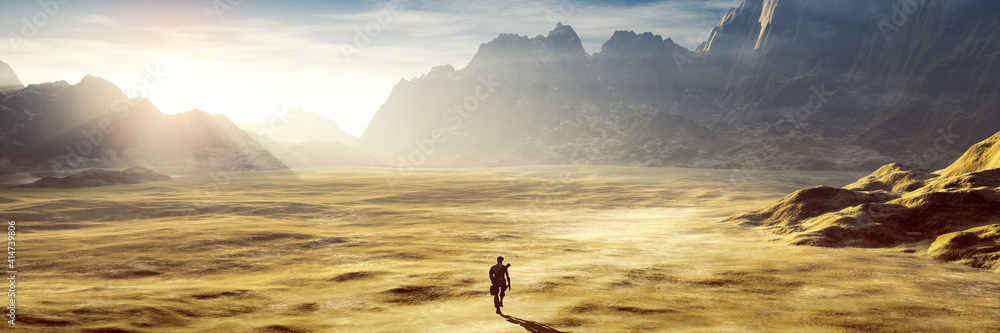 lonely man in the dry sunset desert