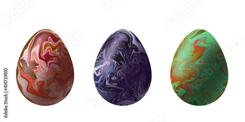 three colorful Easter eggs on a white background with stains of paint that looks like marble