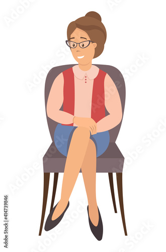 Sitting female person flat vector illustration. Adult woman in glasses isolated on white background. Serious woman sits on a chair and looks to the side. Patient at the reception of a psychotherapist