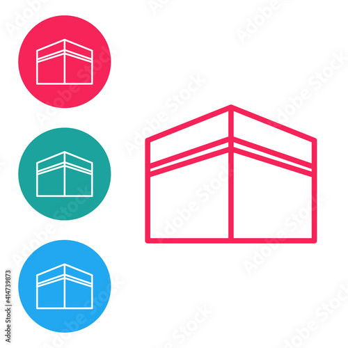 Red line Kaaba mosque icon isolated on white background. Kaaba hajj Mecca pray pilgrimage Ramadan Islam muslim mosque. Set icons in circle buttons. Vector.