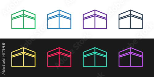 Set line Kaaba mosque icon isolated on black and white background. Kaaba hajj Mecca pray pilgrimage Ramadan Islam muslim mosque. Vector.