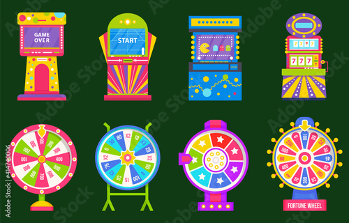 Machinery for playing and gambling vector, isolated set of game machine flat style. Arcade gambling games in casino. Fortune wheel pointing on money and reward in casino. Gaming computer machinery