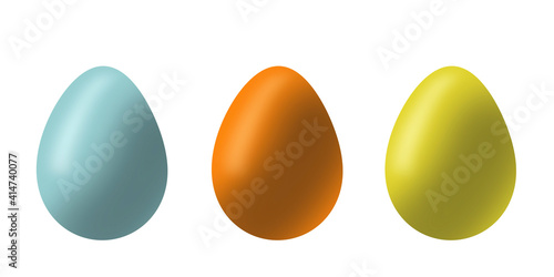 three easter eggs blue, orange and yellow on a white background