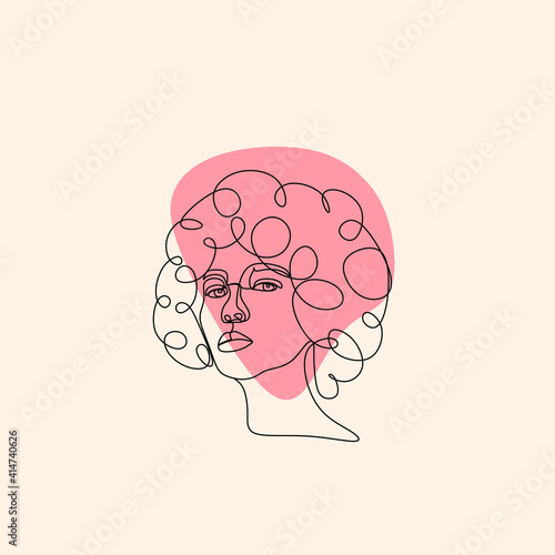 Abstract face of a man with curly hair in one line. Beauty single icon, simple fashion logo, continuous hand drawing art. Abstract geometric silhouette. Trendy minimalistic vector illustration