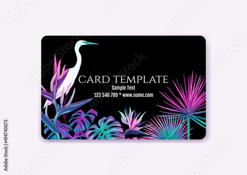 Plastic debit or credit, pass, discount, membership card template with tropical plants and birds in neon color on black background. Vector illustration.