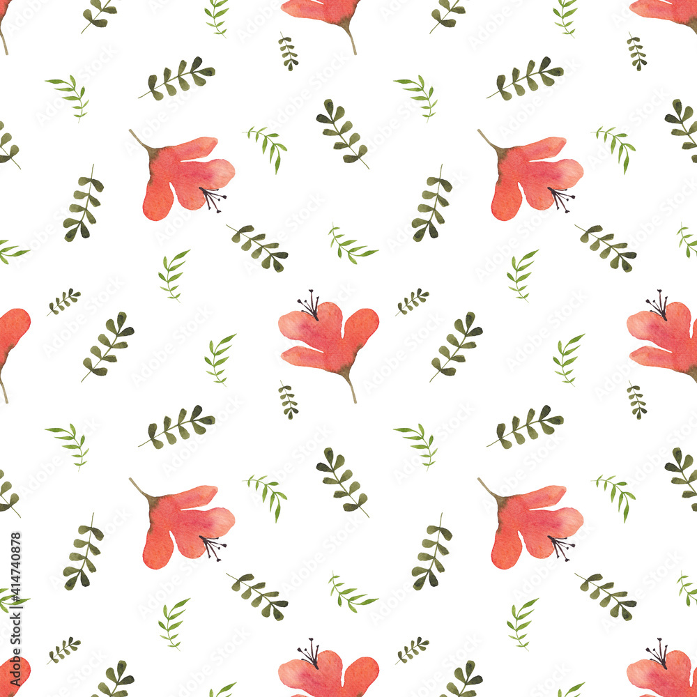Watercolor red flowers seamless pattern. Watercolor fabric. Repeat rose flowers. Use for design invitations, birthdays