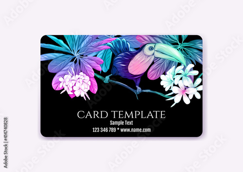 Plastic debit or credit, pass, discount, membership card template with tropical plants and birds in neon color on black background. Vector illustration.