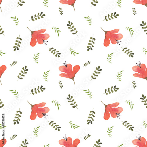 Watercolor red flowers seamless pattern. Watercolor fabric. Repeat rose flowers. Use for design invitations, birthdays