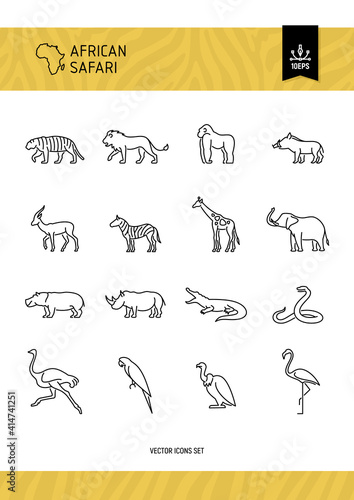 African wild animals and birds vector icons set.
