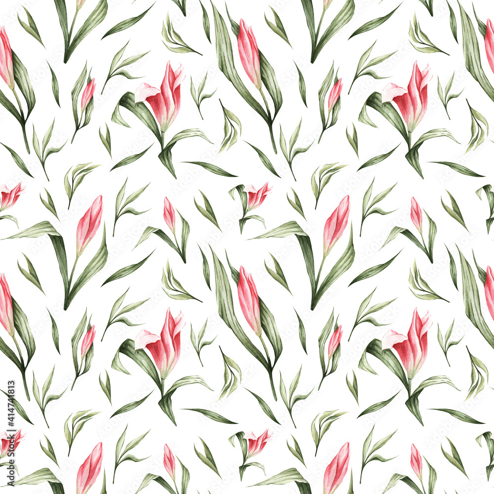Naklejka premium Seamless pattern with pink lilies, buds and green leaves. Spring texture hand-drawn with watercolor. Floral delicate pattern