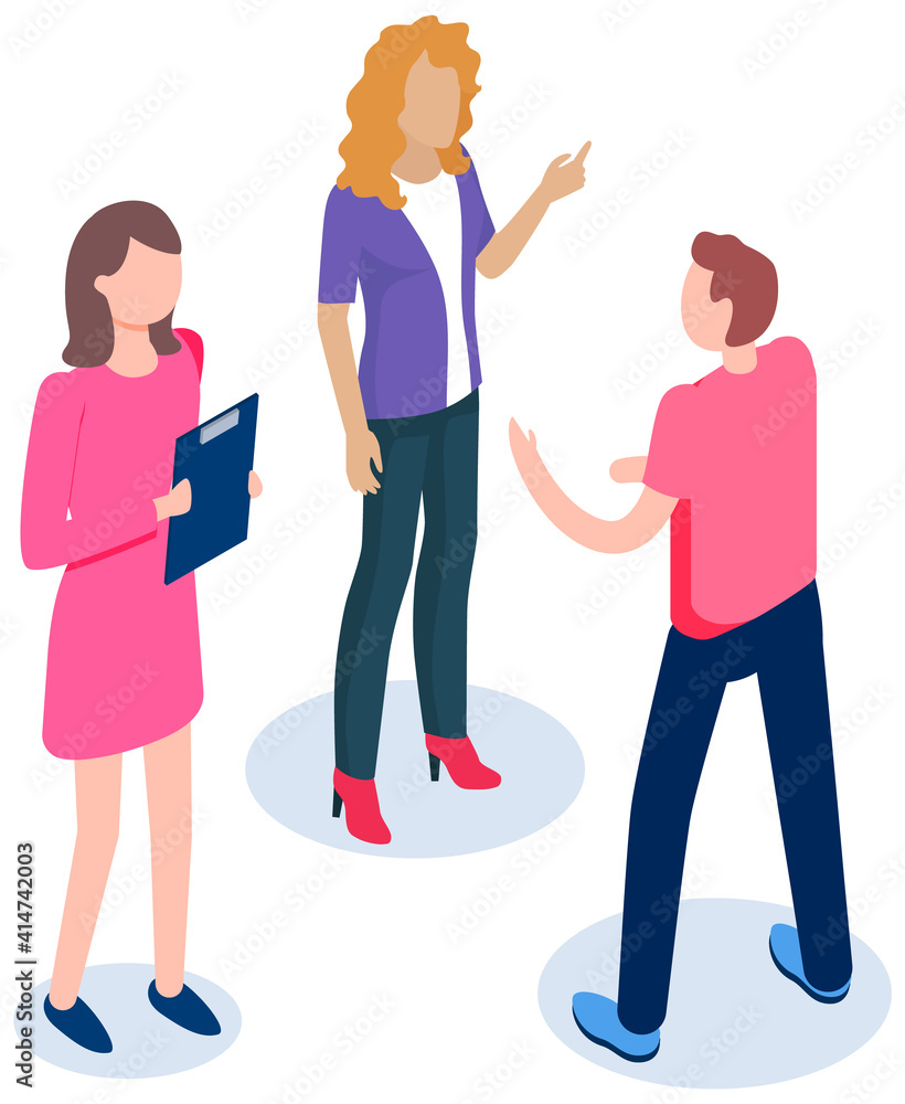 People at business meeting work together. Colleagues discuss company statistics and arguing. Employees at meeting discussing affairs of business. Girl is standing with clipboard in her hands People at business meeting work together. Colleagues discuss company statistics and arguing. Employees at meeting discussing affairs of business. Girl is standing with clipboard in her hands