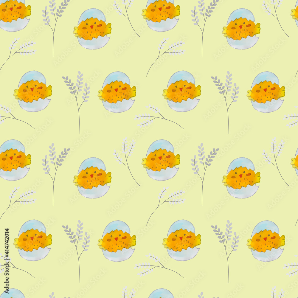 Obraz premium Chicken in an egg and a pussy willow branch on a yellow background.