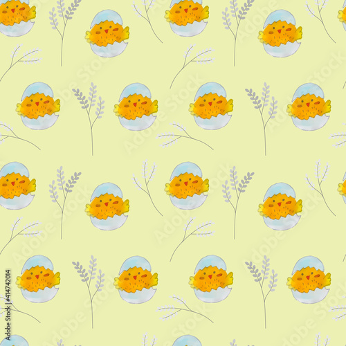Chicken in an egg and a pussy willow branch on a yellow background.