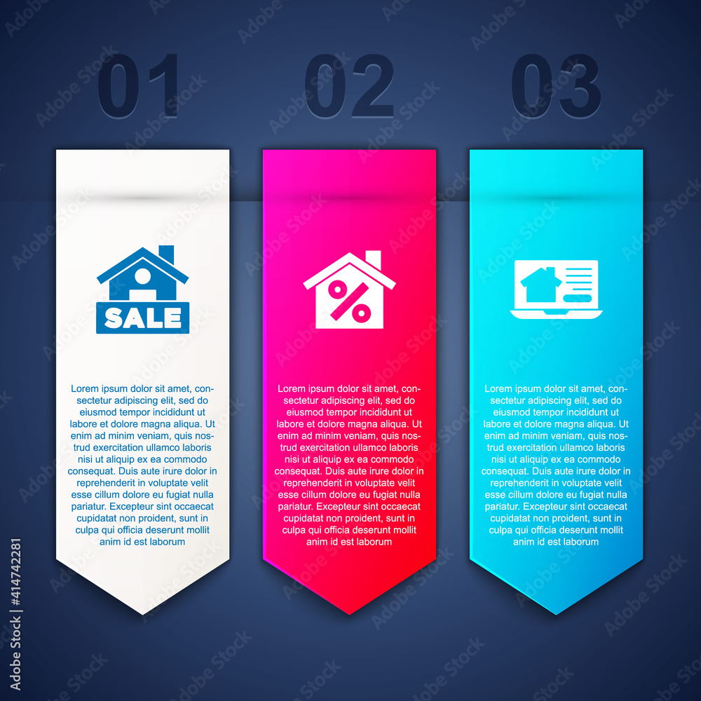 Set Hanging sign with Sale, House percant discount and Online real estate house. Business infographic template. Vector.