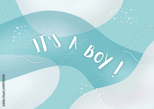 It's a Boy baby shower card. Abstract blue wavy fluid shapes background. 