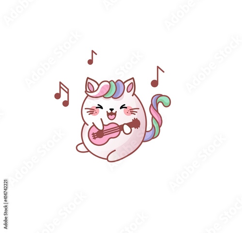Cat Kitty kitten sing song play guitar music note kawaii chibi Japanese style Emoji character sticker emoticon mascot