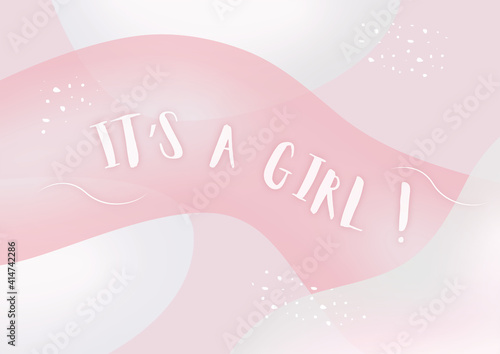 It's a Girl baby shower card. Abstract pink wavy fluid shapes background. 