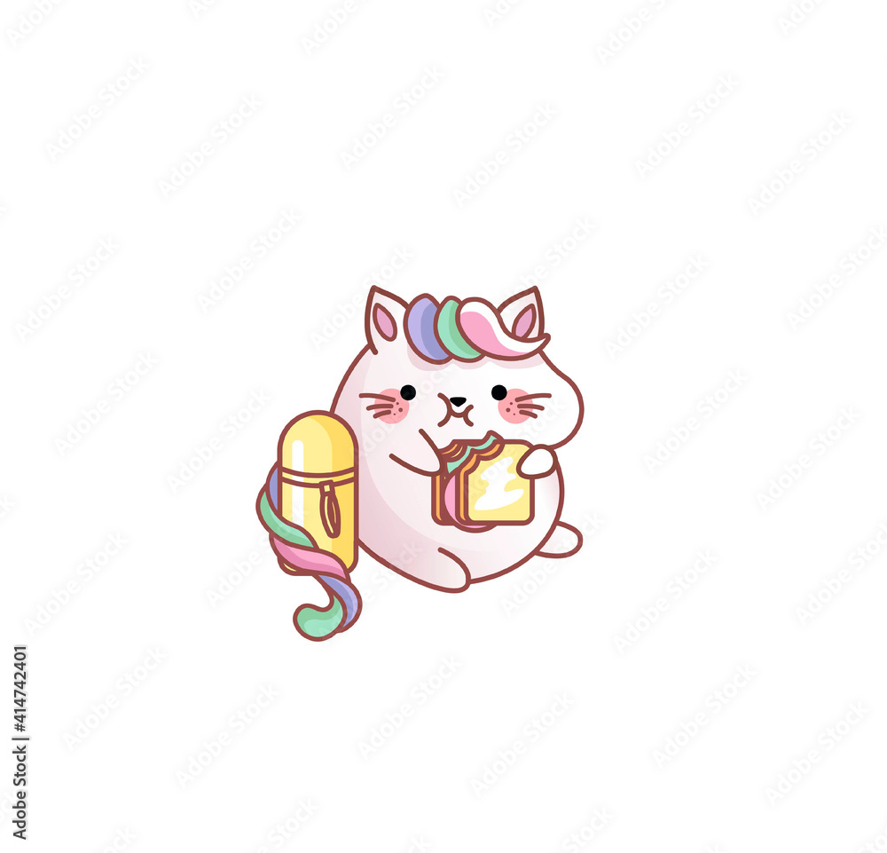 Obraz premium Cat Kitty kitten coffeebreak sandwich thermos picnic kawaii chibi Japanese style Emoji character sticker emoticon mascot
