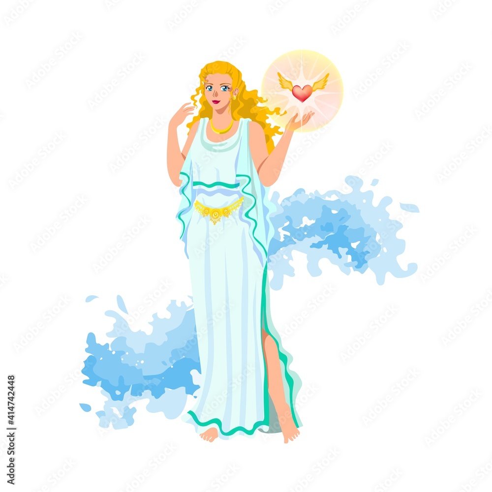 Aphrodite (Venus, Cytherea, Cypris), Greek love and beauty goddess, with  golden hair, blue eyes, necklace, in white peplos and magic belt, with  shiny winged heart, sea foam. Isolated cartoon character Stock Vector