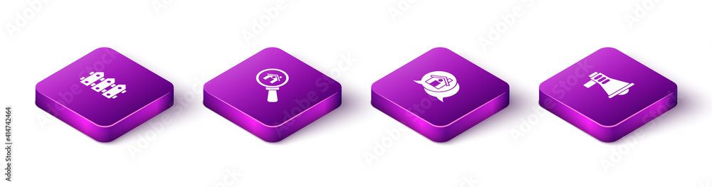 Set Isometric Garden fence wooden, Search house, Real estate message and Megaphone icon. Vector. Set Isometric Garden fence wooden, Search house, Real estate message and Megaphone icon. Vector.