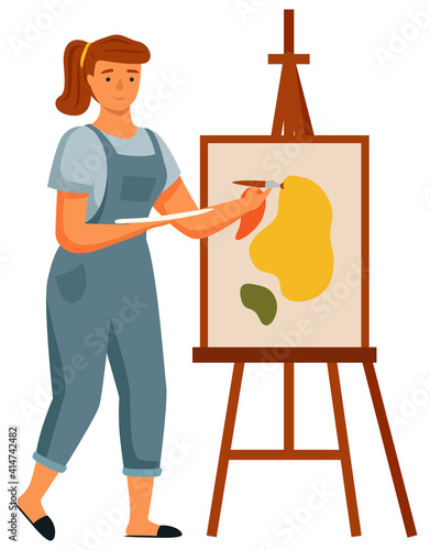 A girl paints a picture. Female character painter at home doing hobby isolated on white background. Young woman writes a landscape or abstraction. reative character daily life routine, relaxing time