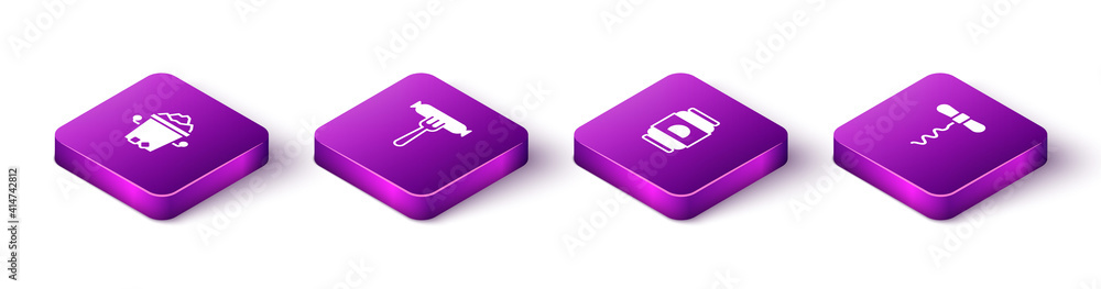 Set Isometric Ice bucket, Sausage on the fork, Beer can and Wine corkscrew icon. Vector. Set Isometric Ice bucket, Sausage on the fork, Beer can and Wine corkscrew icon. Vector.