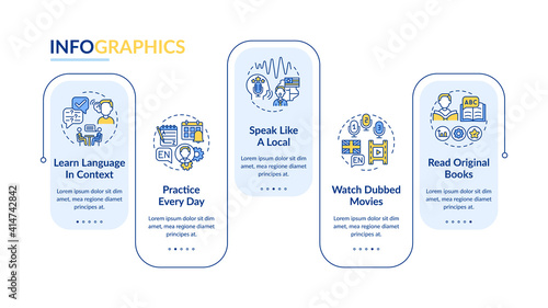 Language learning vector infographic template. Everyday practice, movies watching presentation design elements. Data visualization 5 steps. Process timeline chart. Workflow layout with linear icons