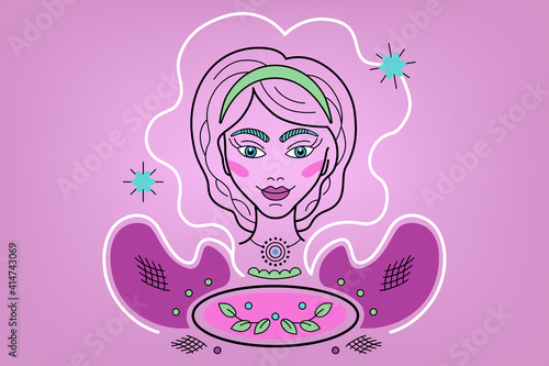 Cancer Constellation, Vector zodiac sign, logo, tattoo, illustration. Housewife, Girl face with pie, salad dish with lines fantasy ornament, in fairy style