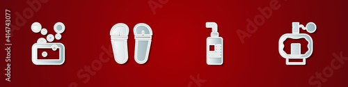 Set Bar of soap, Flip flops, Cream or lotion cosmetic tube and Aftershave icon. Vector.