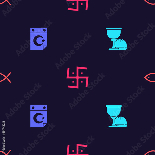 Set Holy grail or chalice, Star and crescent, Hindu swastika and Christian fish on seamless pattern. Vector.
