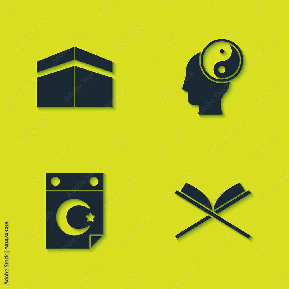 Set Kaaba mosque, Holy book of Koran, Star and crescent and Yin Yang icon. Vector.