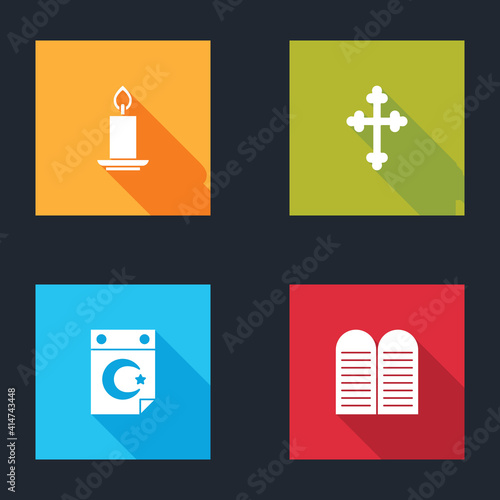 Set Burning candle, Christian cross, Star crescent and The commandments icon. Vector.
