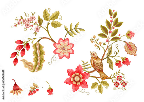 Fantasy flowers in retro, vintage, jacobean embroidery style. Embroidery imitation isolated on white background. Vector illustration. Set of elements for design, clip art.