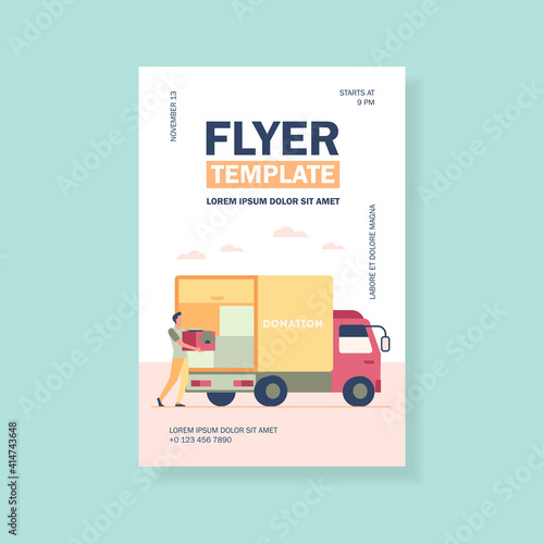 Man carrying box with clothes to donation truck. Courier, volunteer, vehicle flat vector illustration. Volunteering, charity, aid concept for banner, website design or landing web page