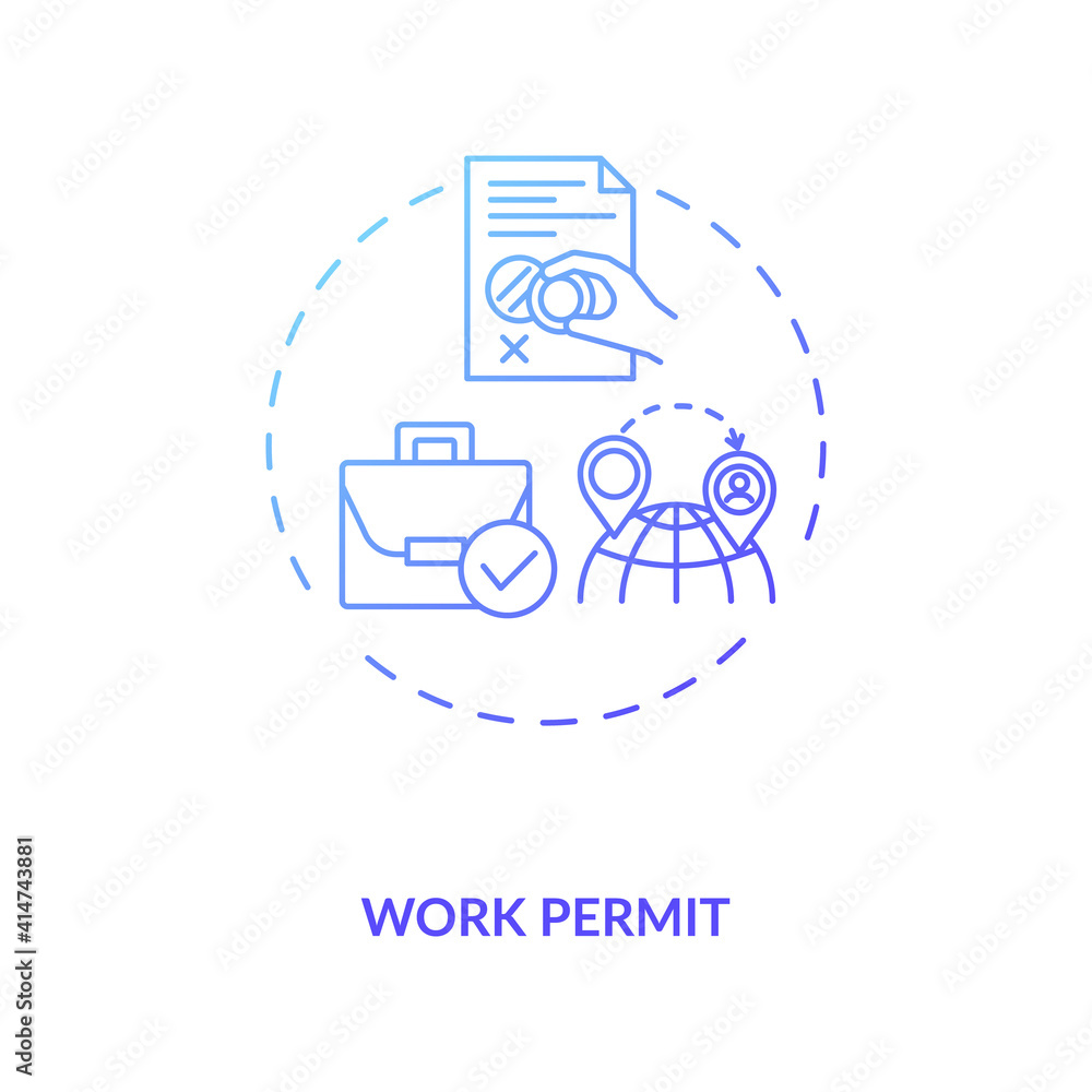 Work permit concept icon. Work immigration idea thin line illustration. Pandemic adaptation. Business travel during covid pandemic. Moving organization. Vector isolated outline RGB color drawing Work permit concept icon. Work immigration idea thin line illustration. Pandemic adaptation. Business travel during covid pandemic. Moving organization. Vector isolated outline RGB color drawing
