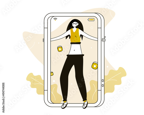 The girl is holding the phone like a picture frame. New social media post. Internet addiction. Vector illustration  for telework, remote working and freelancing concept, business, start up
