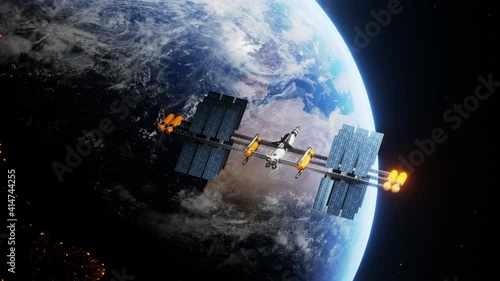 Modern scientific and educational international space satellite station flighting above earth planet. Orbiting spaceship in the univers, shuttle into atmosphere. Images from NASA. 3D render animation photo