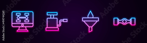 Set line Diagnostics condition of car, Car air pump, Funnel and oil drop and Chassis. Glowing neon icon. Vector.