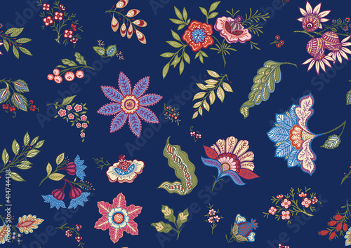 Fantasy flowers in retro, vintage, jacobean embroidery style. Seamless pattern, background. Vector illustration. On army green background.